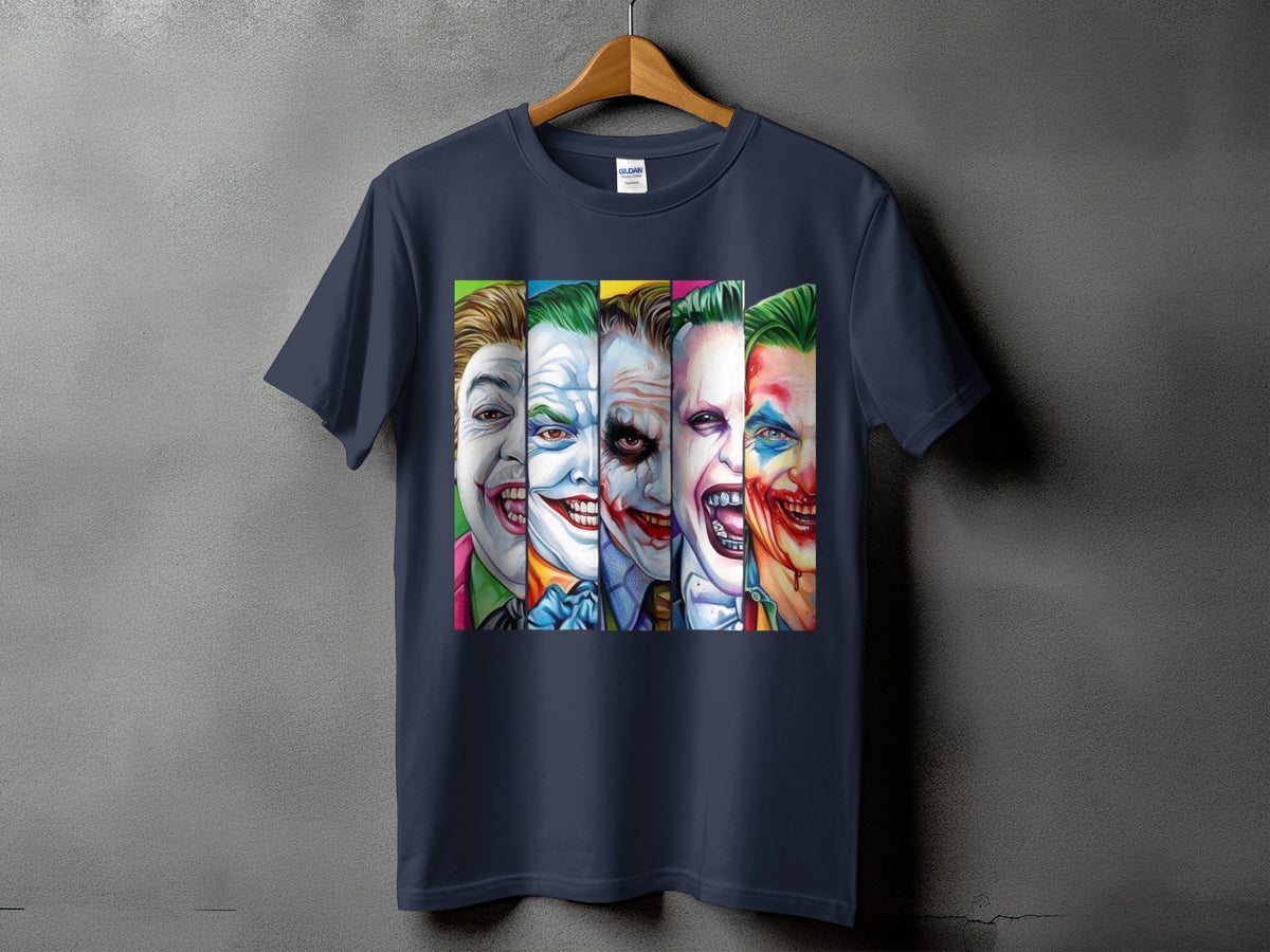 Dark navy t-shirt with five different Joker faces artfully displayed.