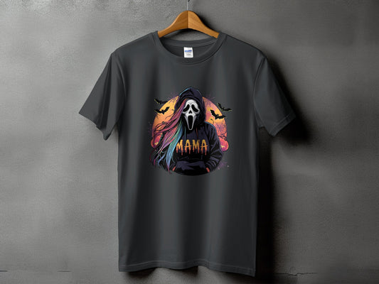 Dark grey t-shirt with Ghostface mask, rainbow hair, bats, and "Mama" text.
