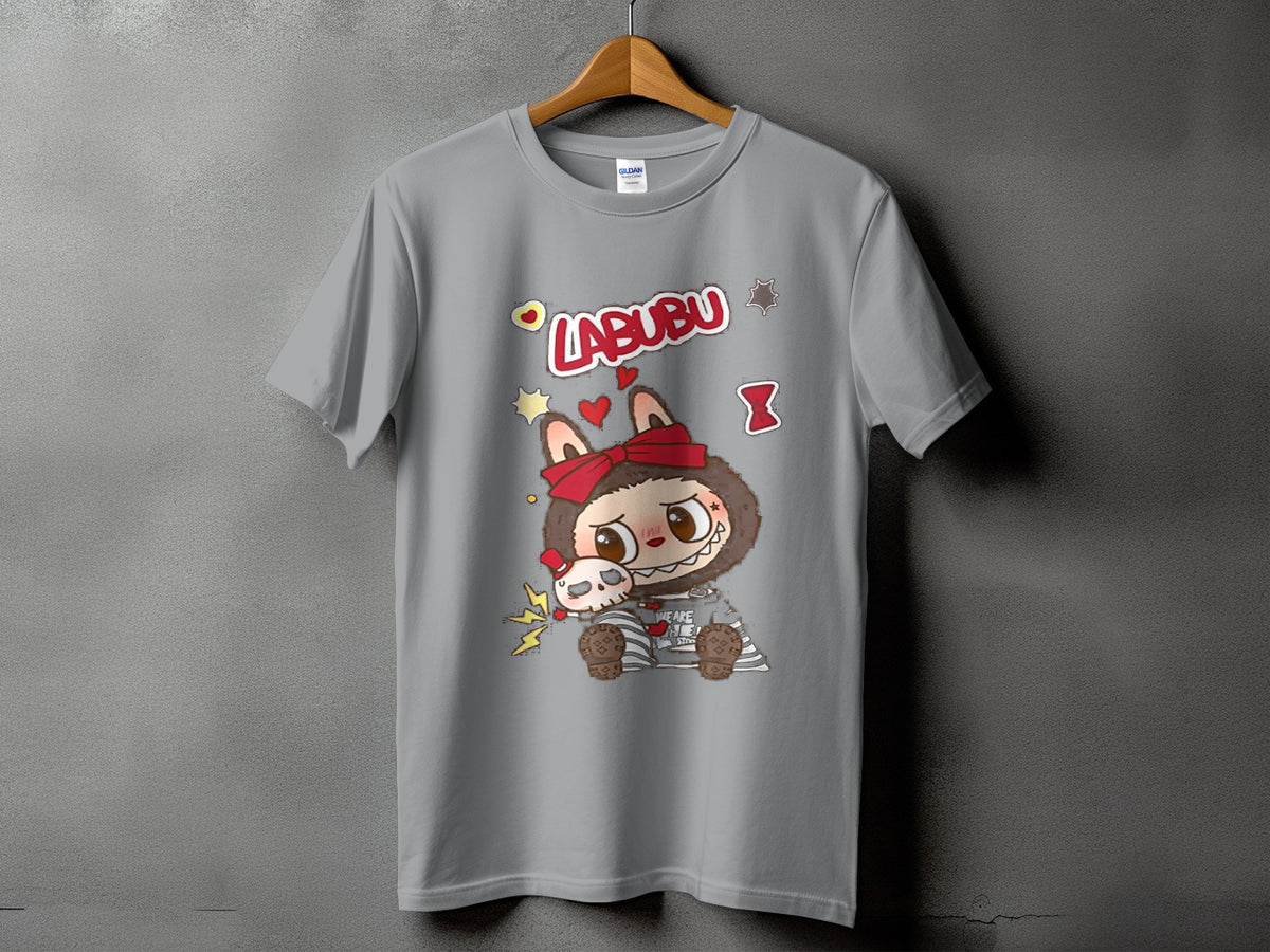 Grey t-shirt with "LABUBU" text and a cartoon character holding a skull.