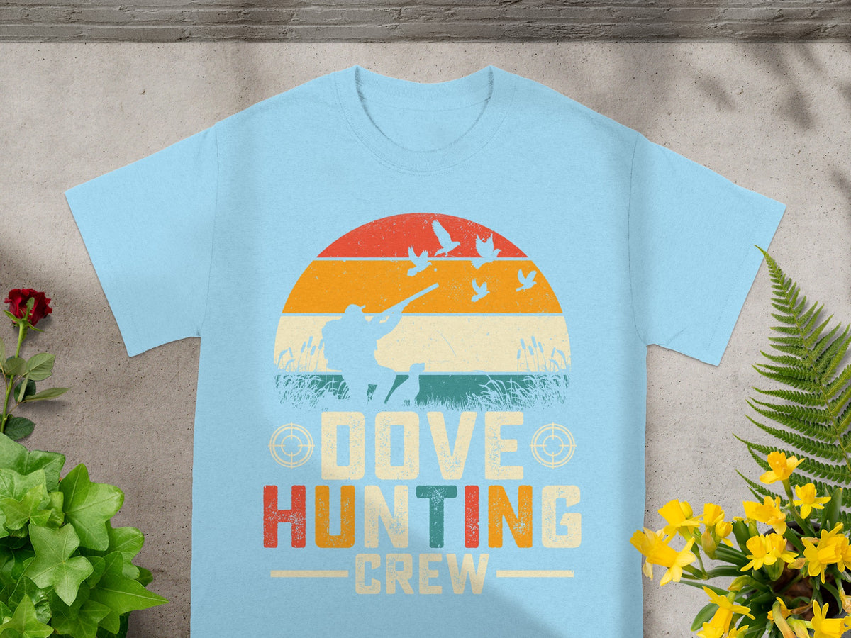 Light blue t-shirt with distressed "Dove Hunting Crew" graphic and silhouette of hunter.