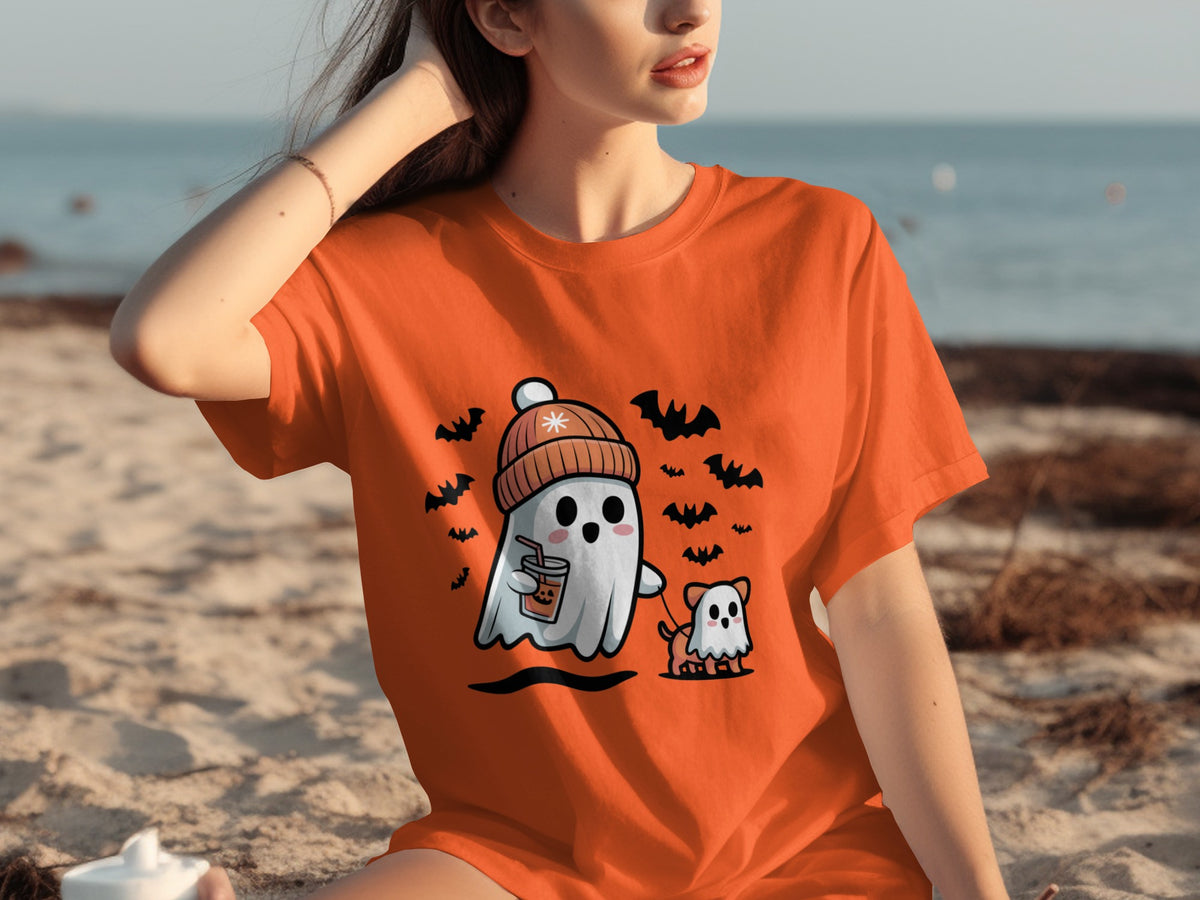 Cute Ghost and Puppy Halloween Shirt with Bats Design