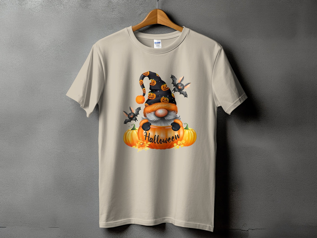 Gnome with pumpkins and bats, wearing Halloween-themed hat, text reads "Halloween".