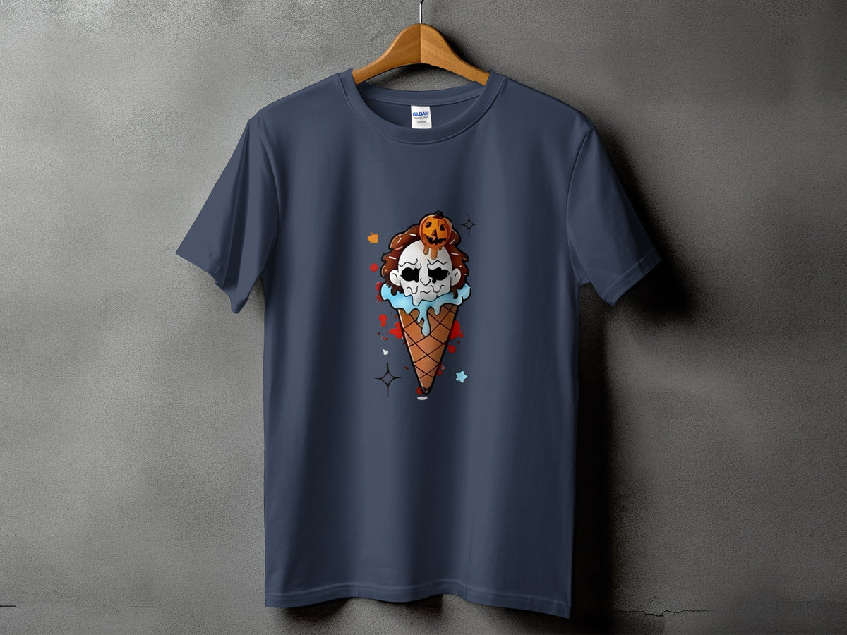 Dark blue t-shirt with a melting ice cream cone graphic featuring a skull and pumpkin.