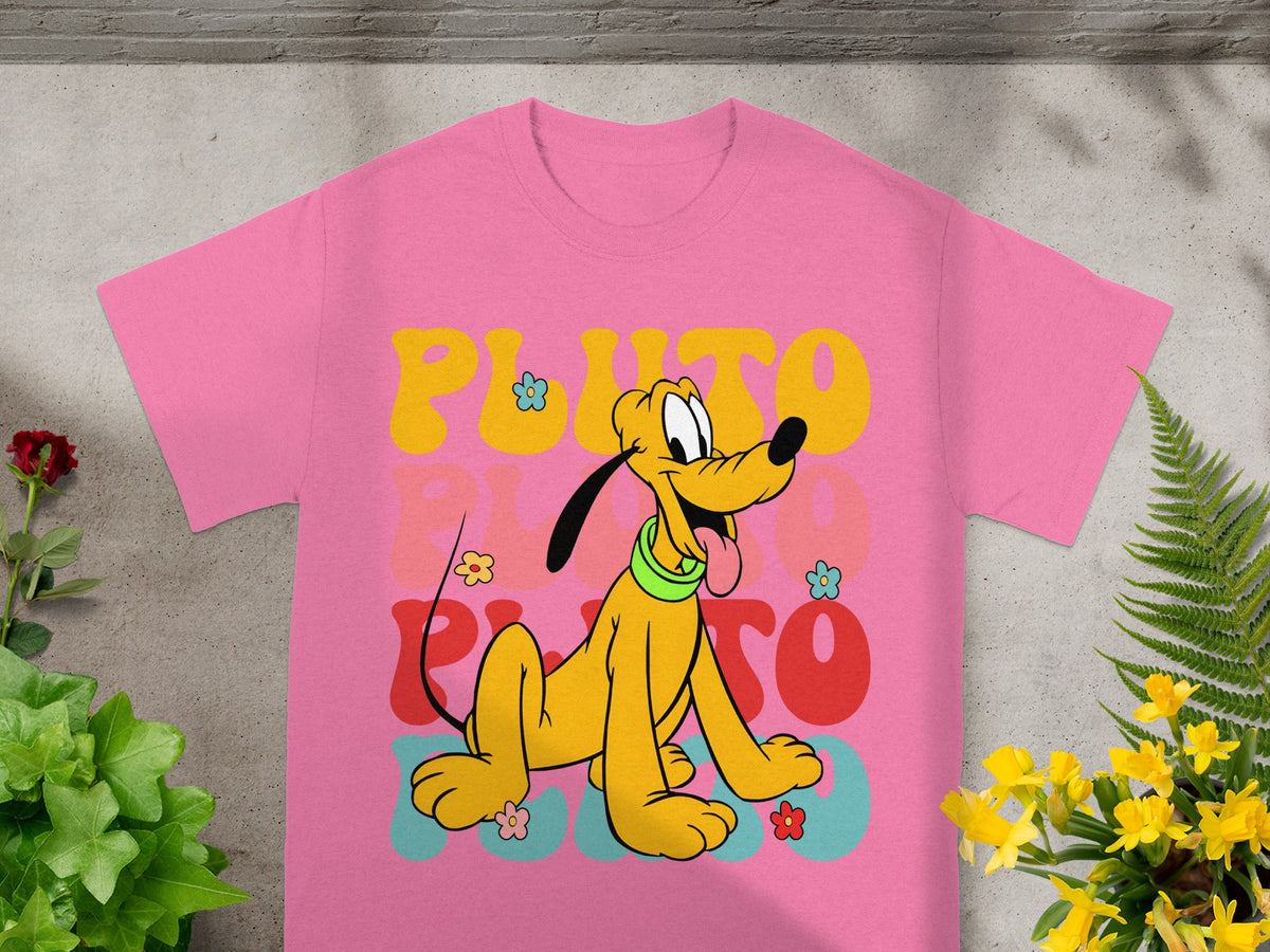 Pink t-shirt with a colorful, retro Pluto graphic and flowers.