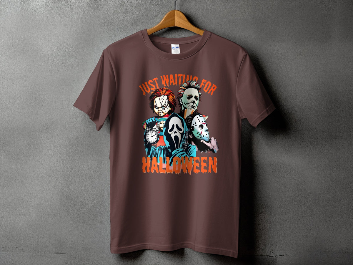 Brown t-shirt with horror characters and "Just Waiting For Halloween" text.