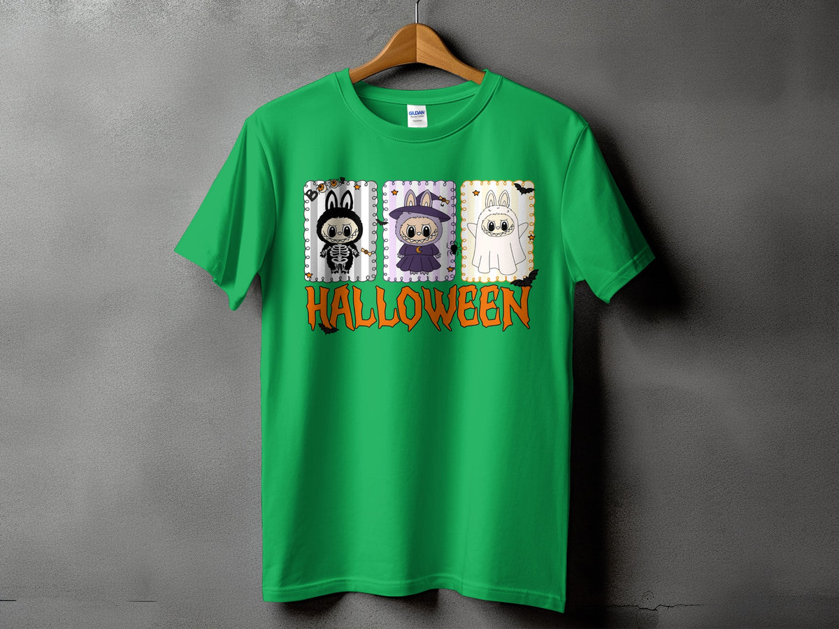 Green t-shirt with three cartoon Halloween characters and the word HALLOWEEN.