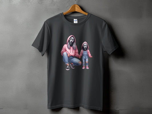 Ghostface mother and child graphic on a dark grey t-shirt.