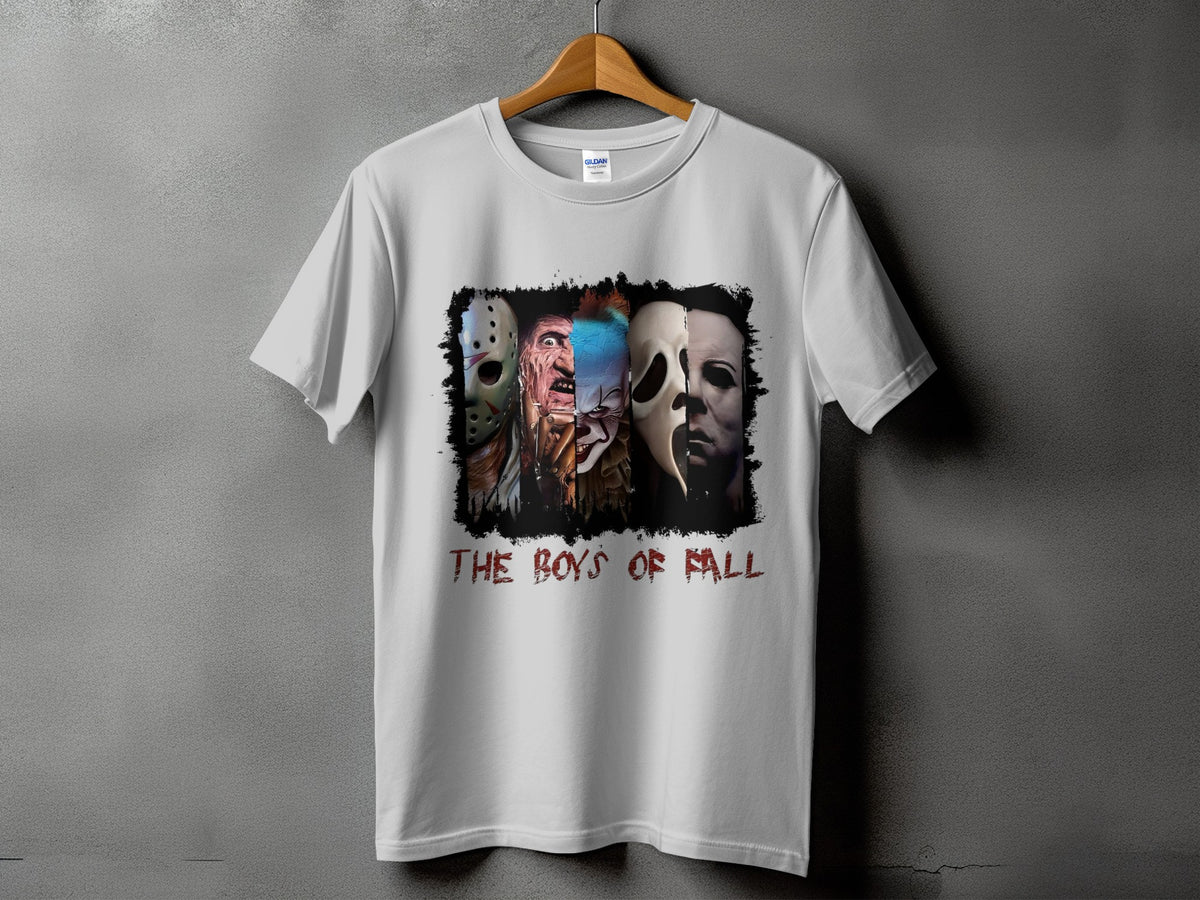 White t-shirt with graphic featuring horror characters and text "THE BOYS OF FALL".
