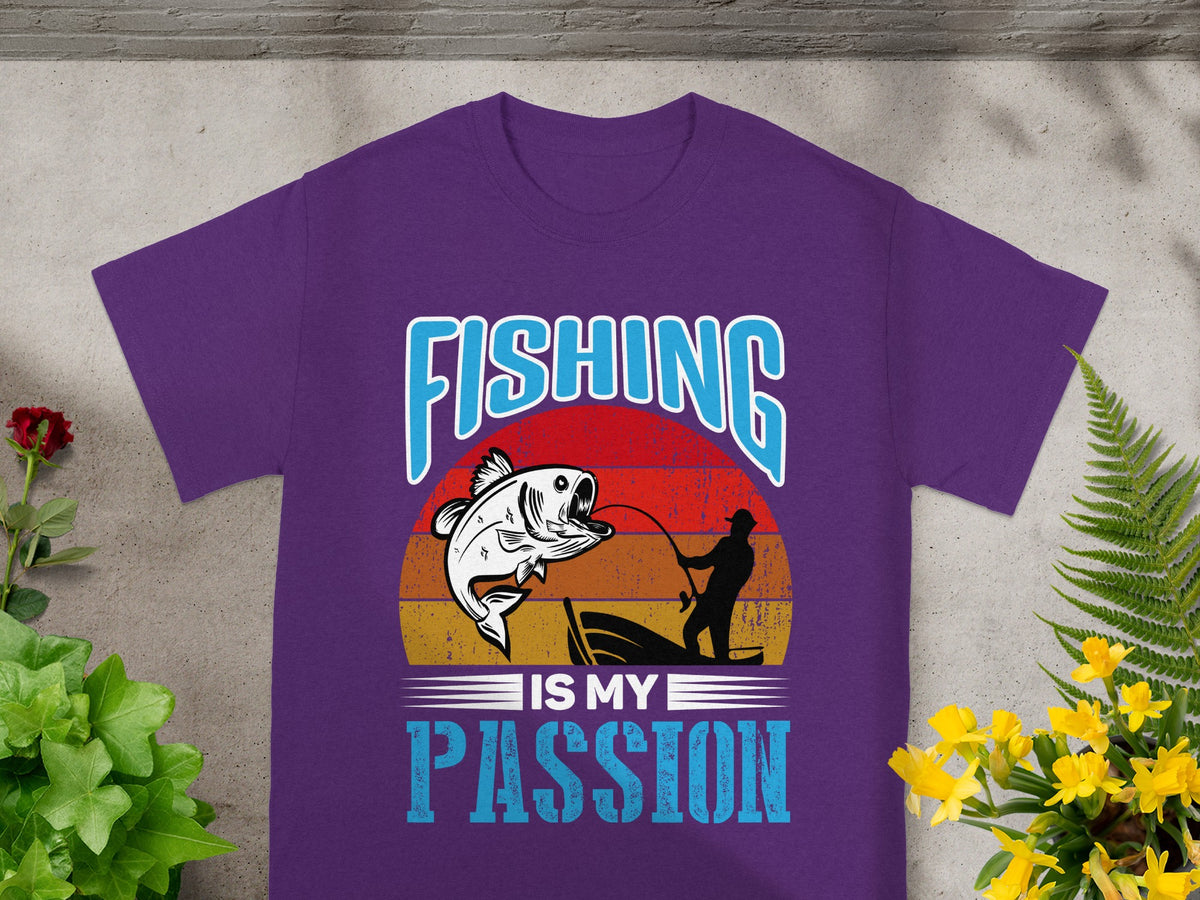 Purple t-shirt with "FISHING IS MY PASSION" text and fishing graphic.