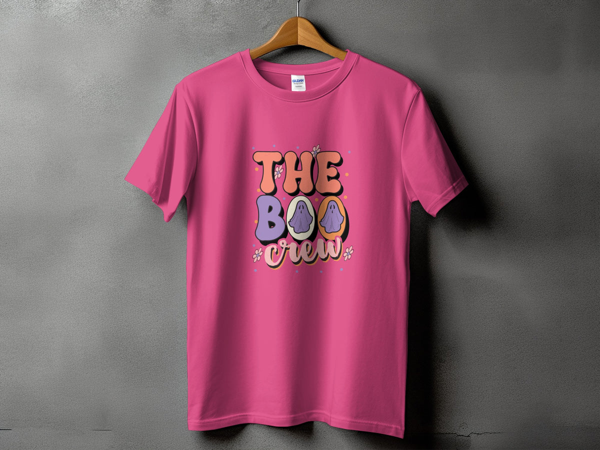 Pink t-shirt with "The Boo Crew" text and ghost graphics.