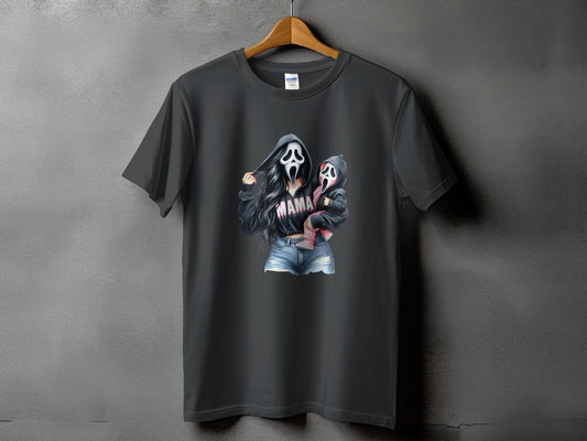 Dark gray t-shirt with graphic of two figures in ghost masks, "MAMA" text.
