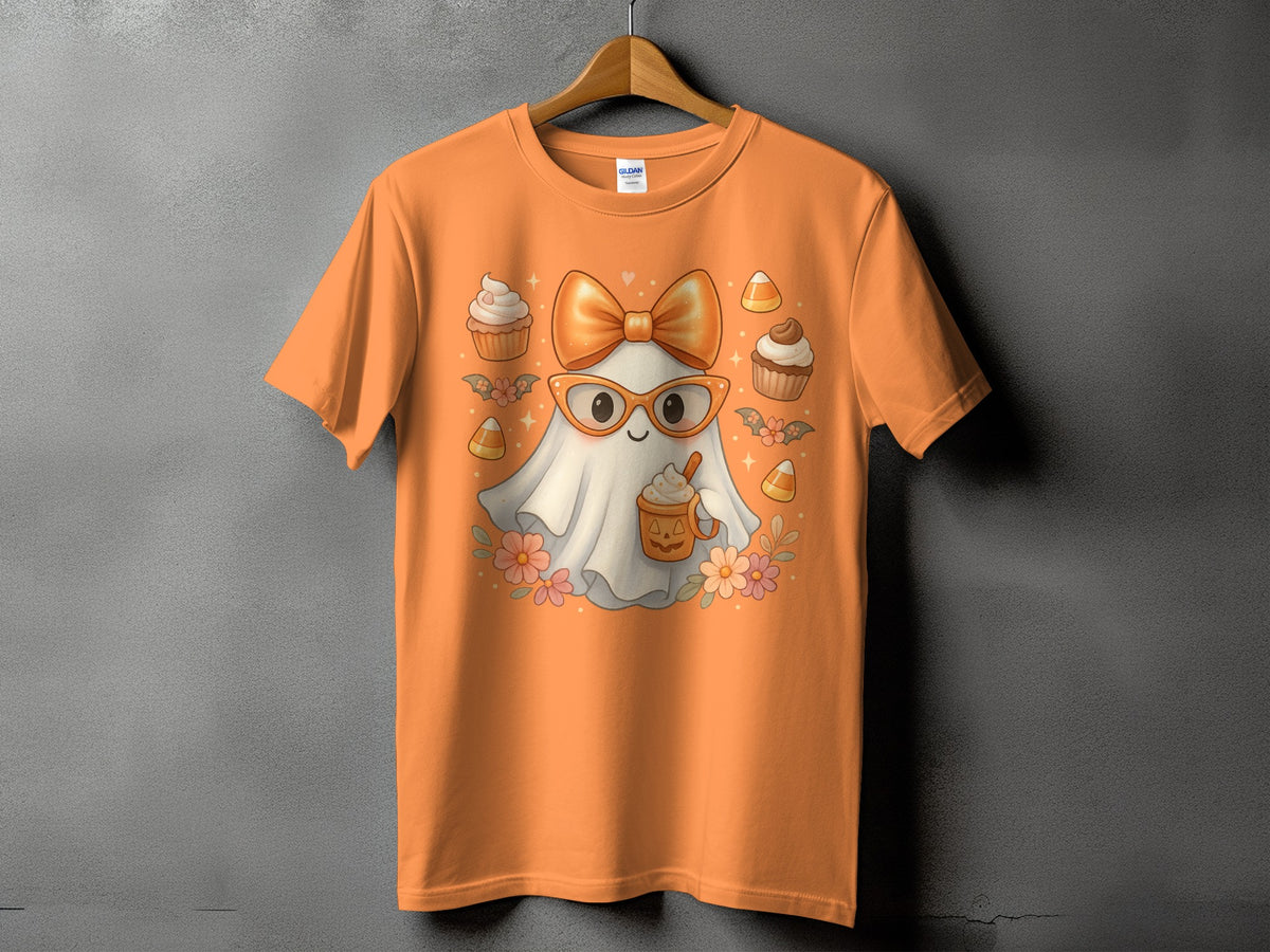 Orange t-shirt with a Halloween ghost graphic wearing glasses and holding a coffee cup.