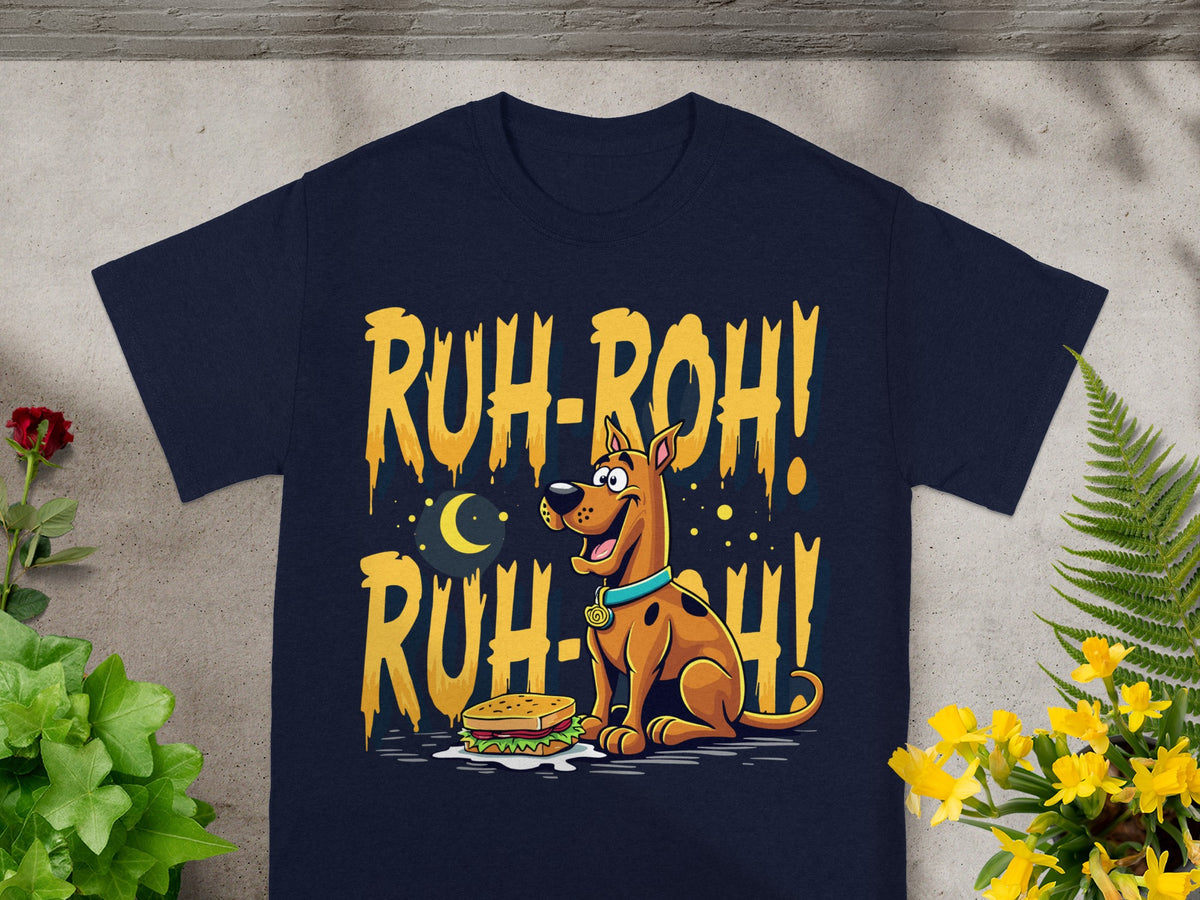 Scooby-Doo with a sandwich and "Ruh-Roh!" text on a navy t-shirt.