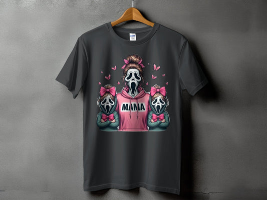Ghostface mama and children graphic on dark gray t-shirt with pink butterflies.