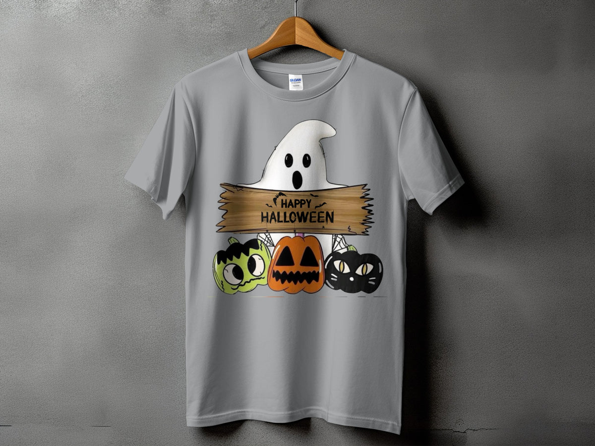 Grey t-shirt with a ghost, banner, pumpkins, and black cat graphic that says "Happy Halloween."