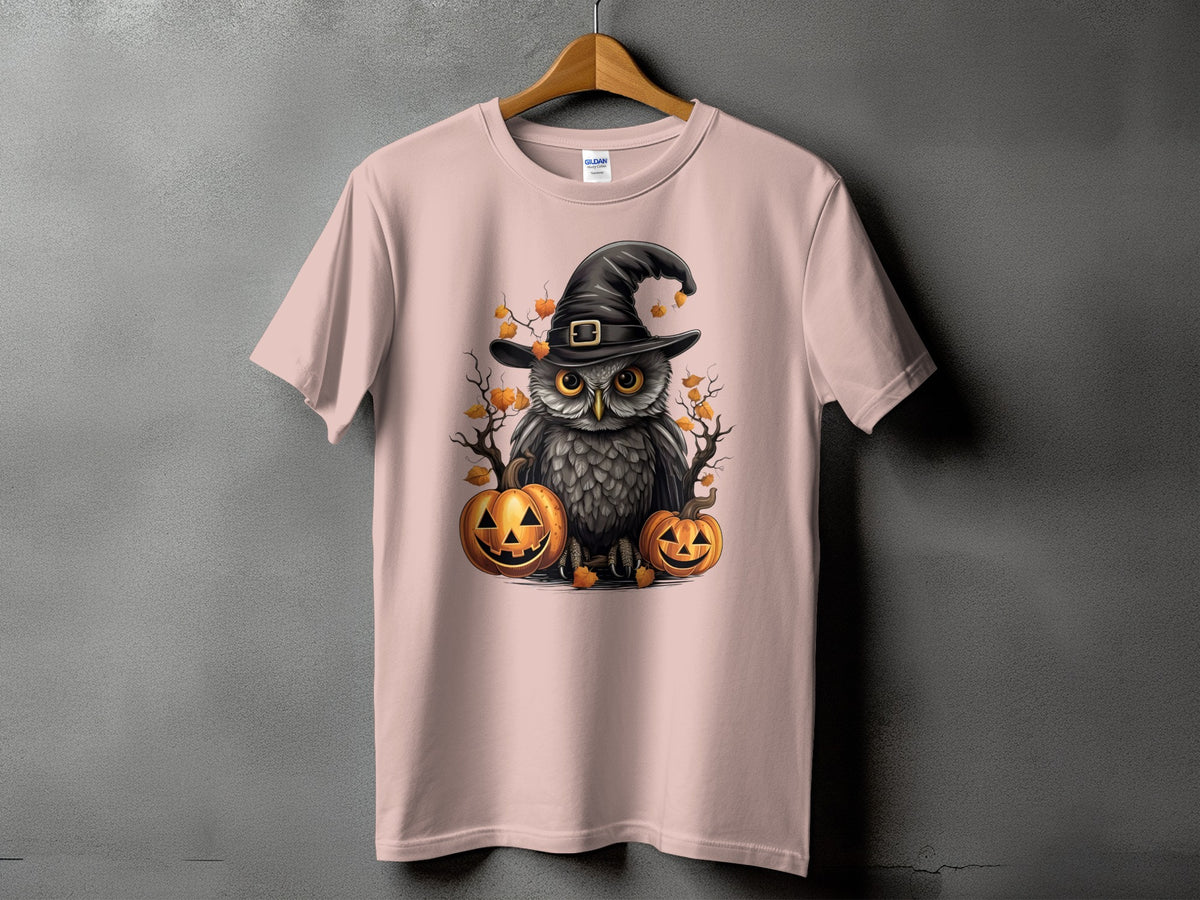 Pink t-shirt with Halloween owl graphic and pumpkins.