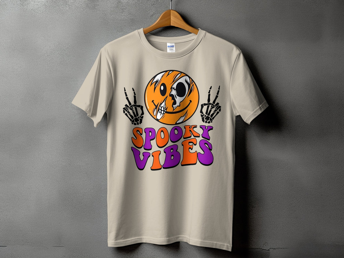 T-shirt with skeleton hands, skull smiley, and "Spooky Vibes" text.
