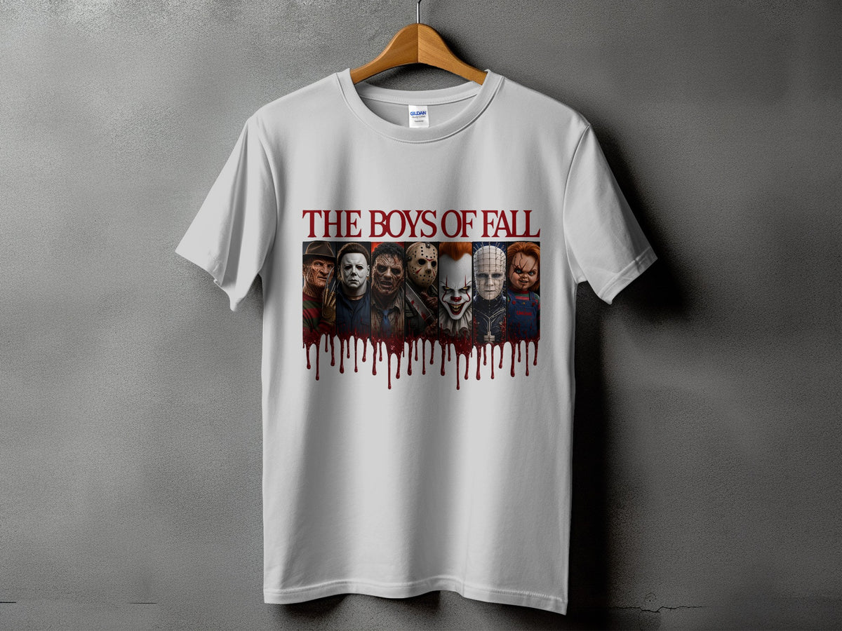 White t-shirt with horror villains and "The Boys of Fall" text.