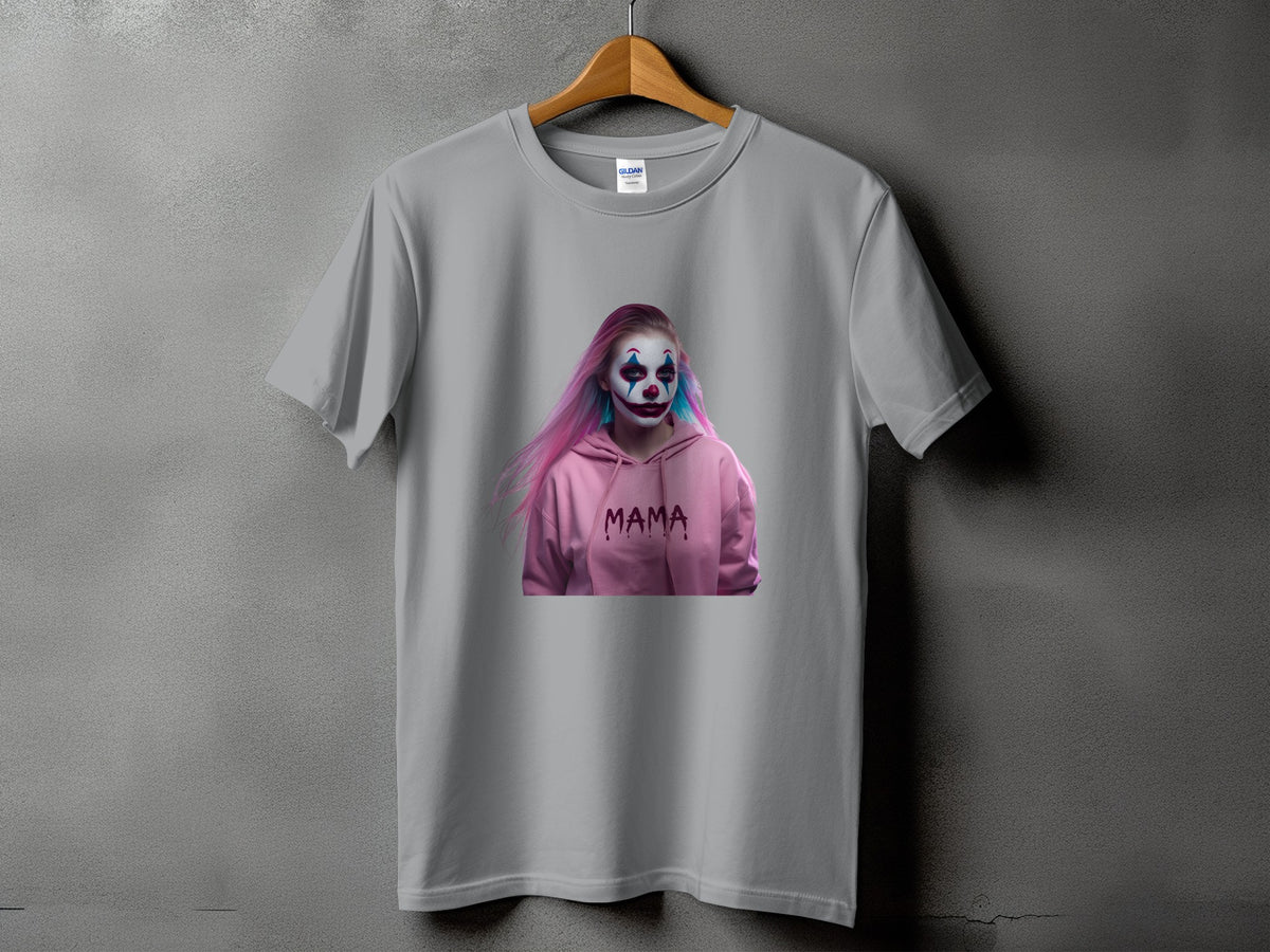 Gray t-shirt featuring a clown graphic with "MAMA" text on a pink hoodie.