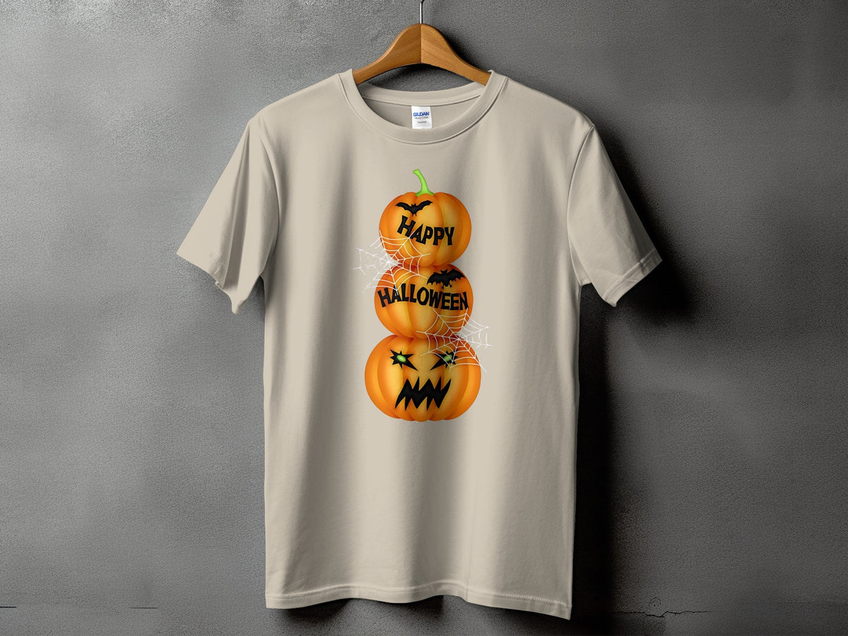 T-shirt with stacked Halloween pumpkins reading "Happy Halloween" and spiders.