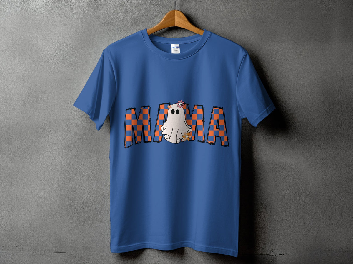 Blue t-shirt with "Mama" text featuring a ghost and floral accents.