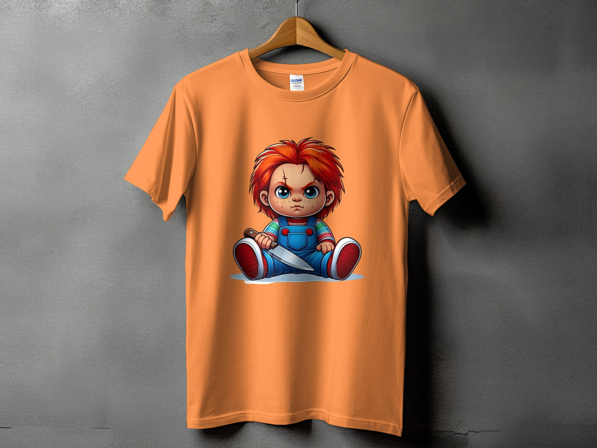 Orange t-shirt with Chucky doll graphic holding a knife.