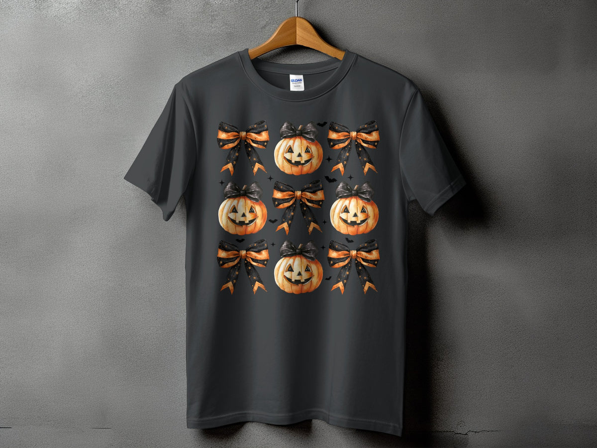 Dark grey t-shirt with a repeating pattern of jack-o'-lanterns and Halloween bows.