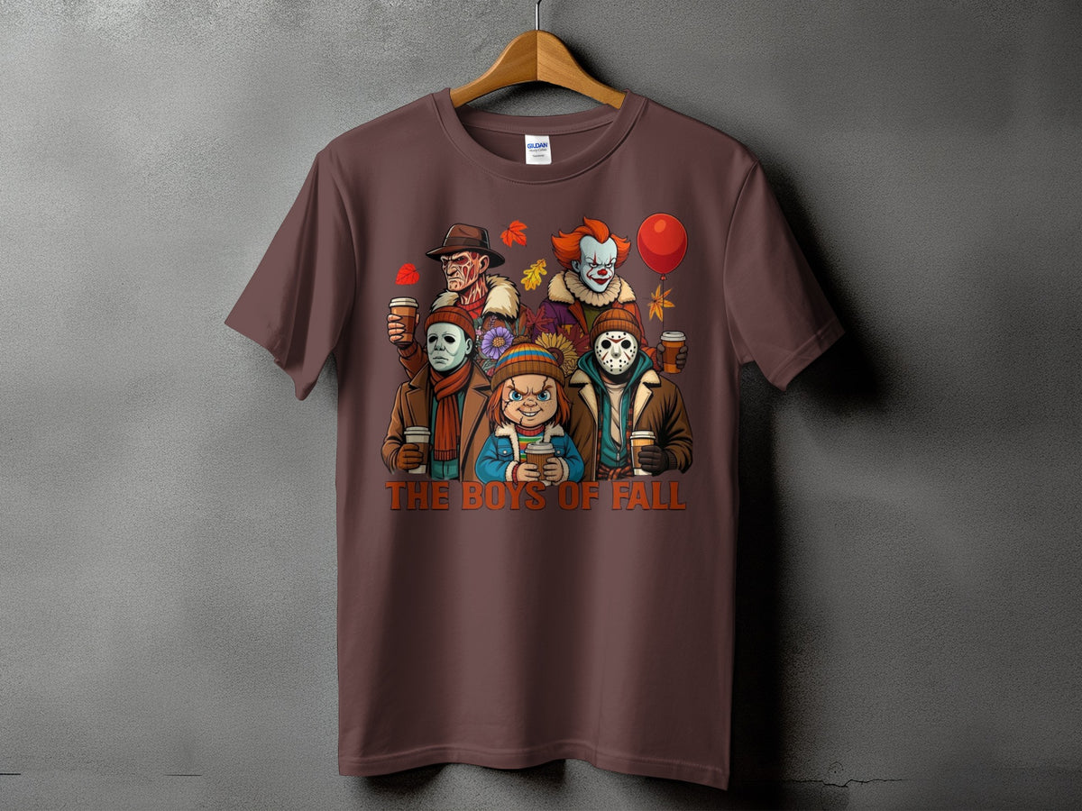 T-shirt graphic featuring horror characters with coffee cups and text "THE BOYS OF FALL."
