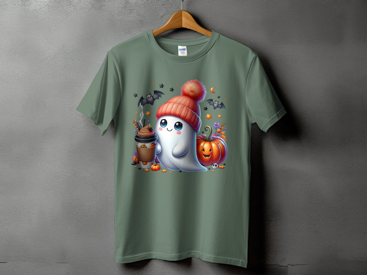 Green t-shirt with a cute ghost, coffee cup, and pumpkins Halloween graphic.