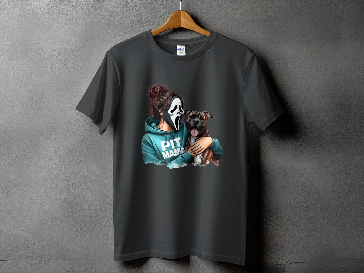 Dark grey t-shirt with graphic of person wearing scream mask hugging pit bull, text reads "PIT MAMA".