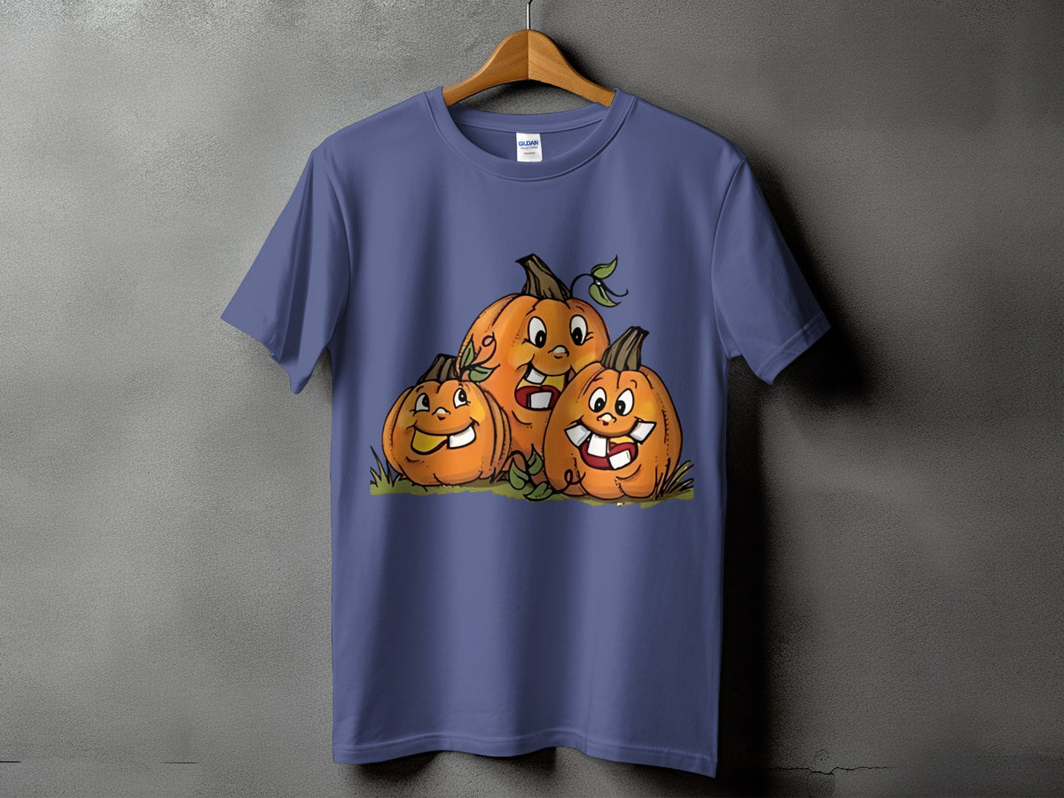 Three cartoon pumpkins with smiling faces on a purple t-shirt.