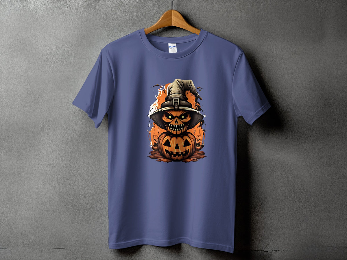 T-shirt with a scary jack-o'-lantern and witch hat graphic.