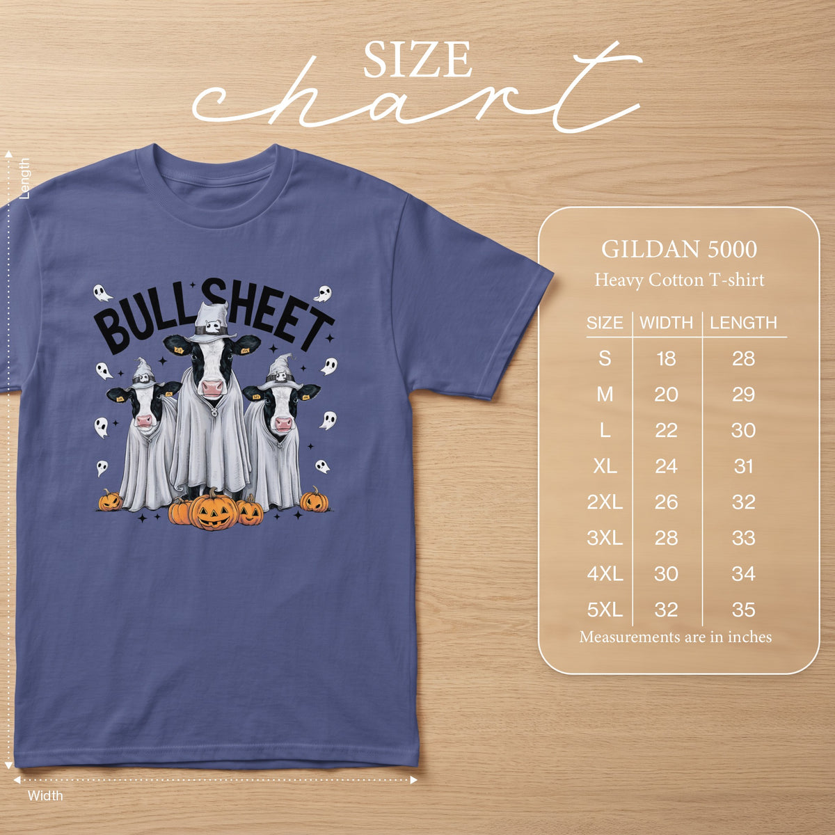 T-shirt with ghost cows and pumpkins, "Bull Sheet" text, and size chart.