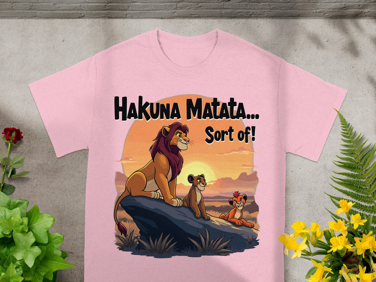 Pink t-shirt with "Hakuna Matata... Sort of!" text and The Lion King characters.