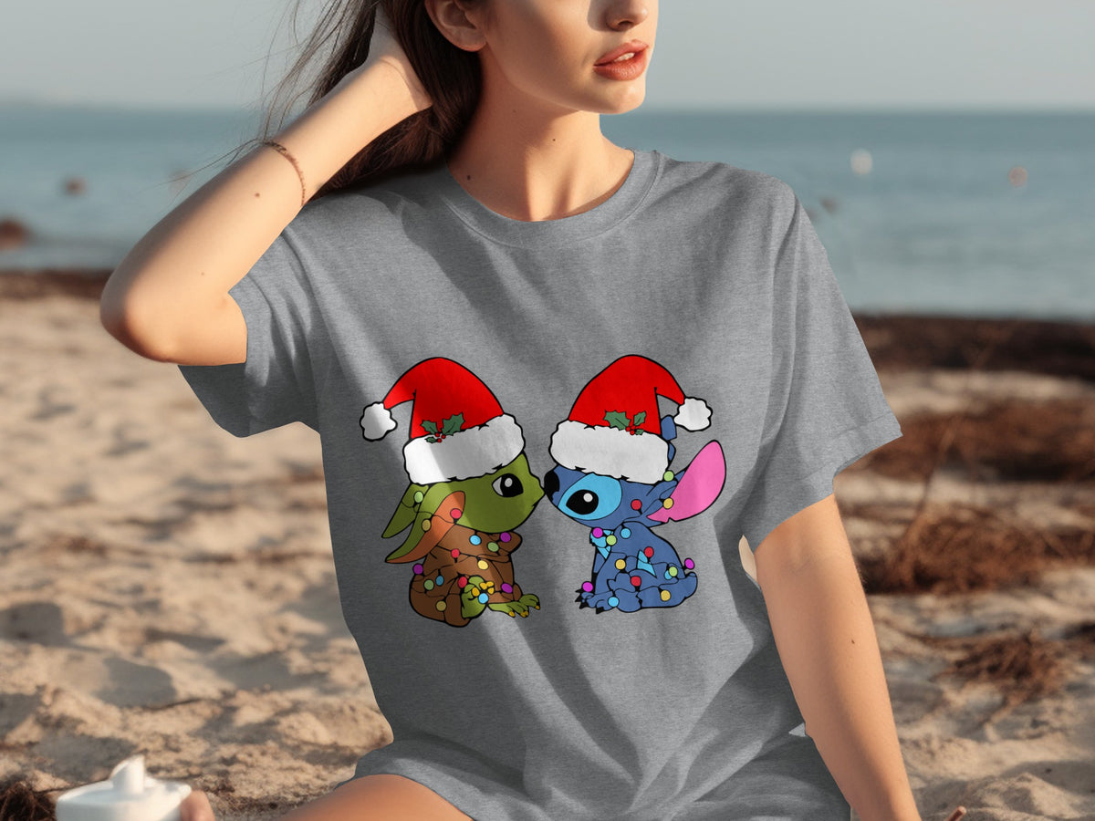 Cute Holiday Cartoon Characters with Santa Hats T-shirt