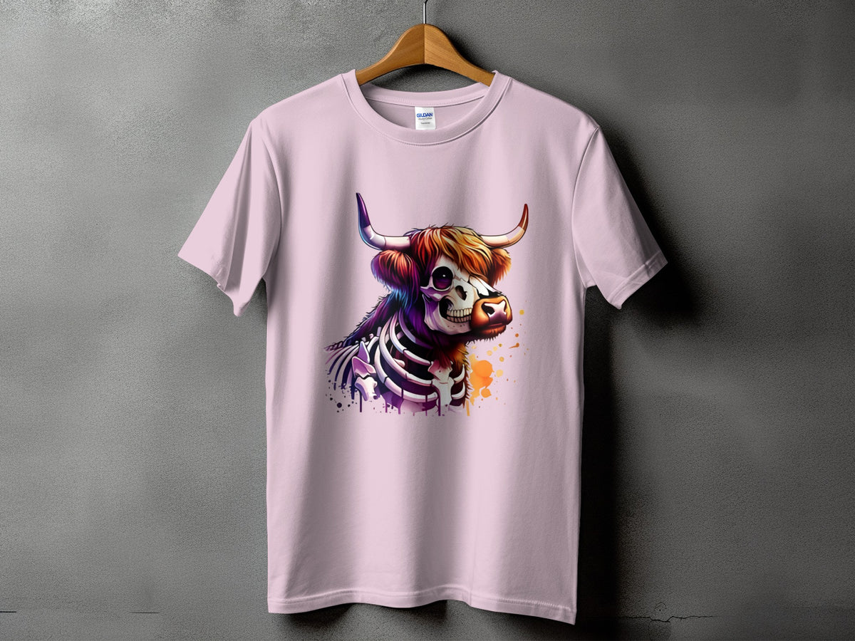 Light pink t-shirt with a watercolor skeleton bull design.