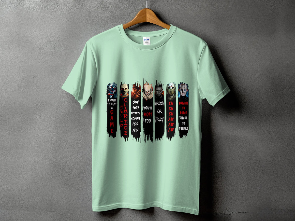 Pale green t-shirt with horror villains and text "I Want to Play a Game".