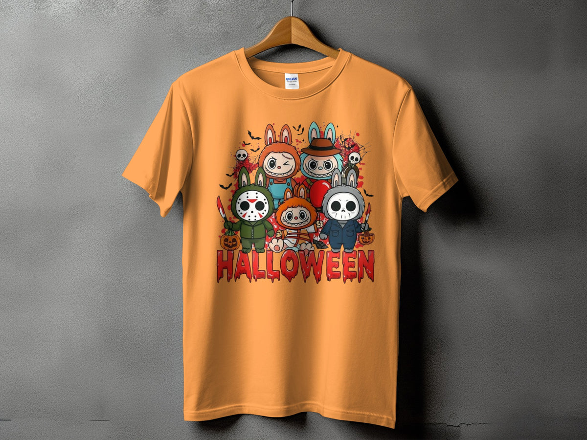 Orange t-shirt featuring cute Halloween characters and the word "HALLOWEEN".