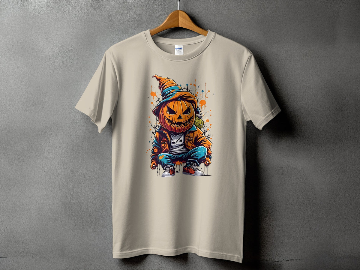 Tan t-shirt featuring a cartoon pumpkin character with a witch hat.