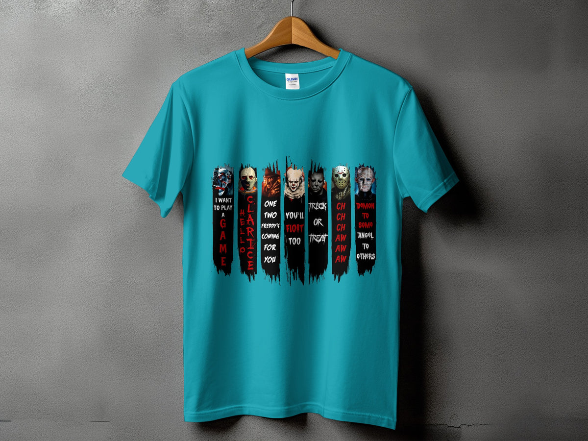 Teal t-shirt with horror movie villains and associated text.