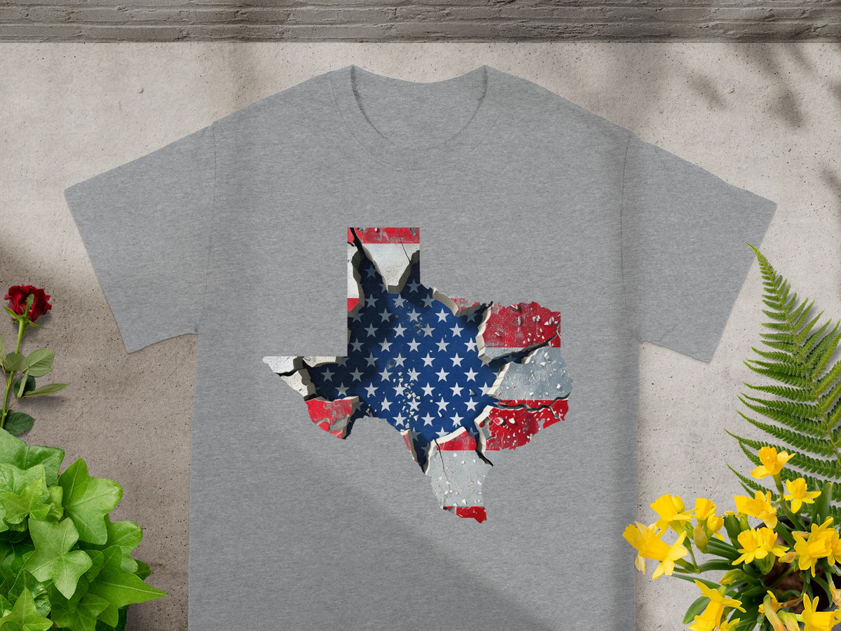 Grey t-shirt with a cracked Texas map graphic filled with the American flag.