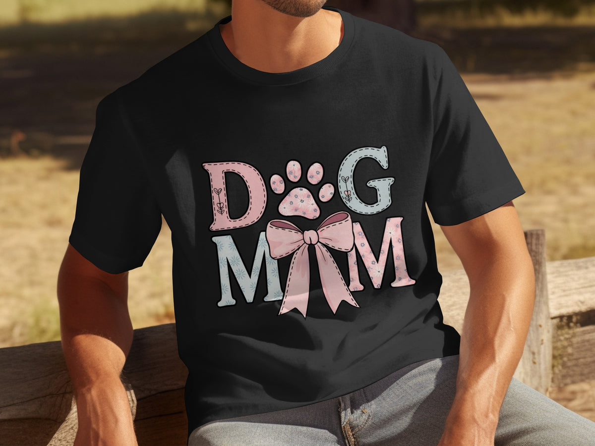 Dog Mom T-shirt with Paw and Bow Design for Pet Lovers