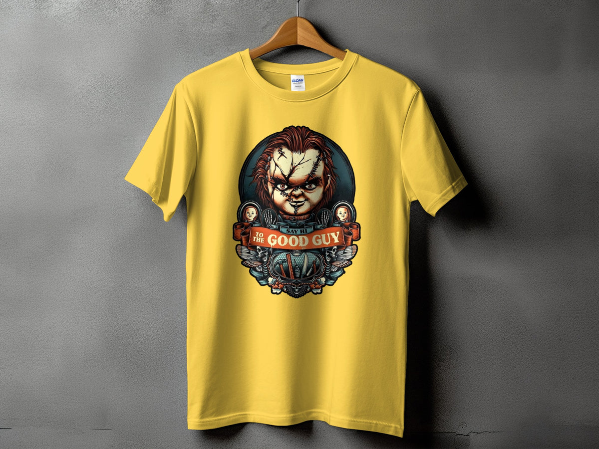 Yellow t-shirt with Chucky's face and "Say Hi To The Good Guy" text.