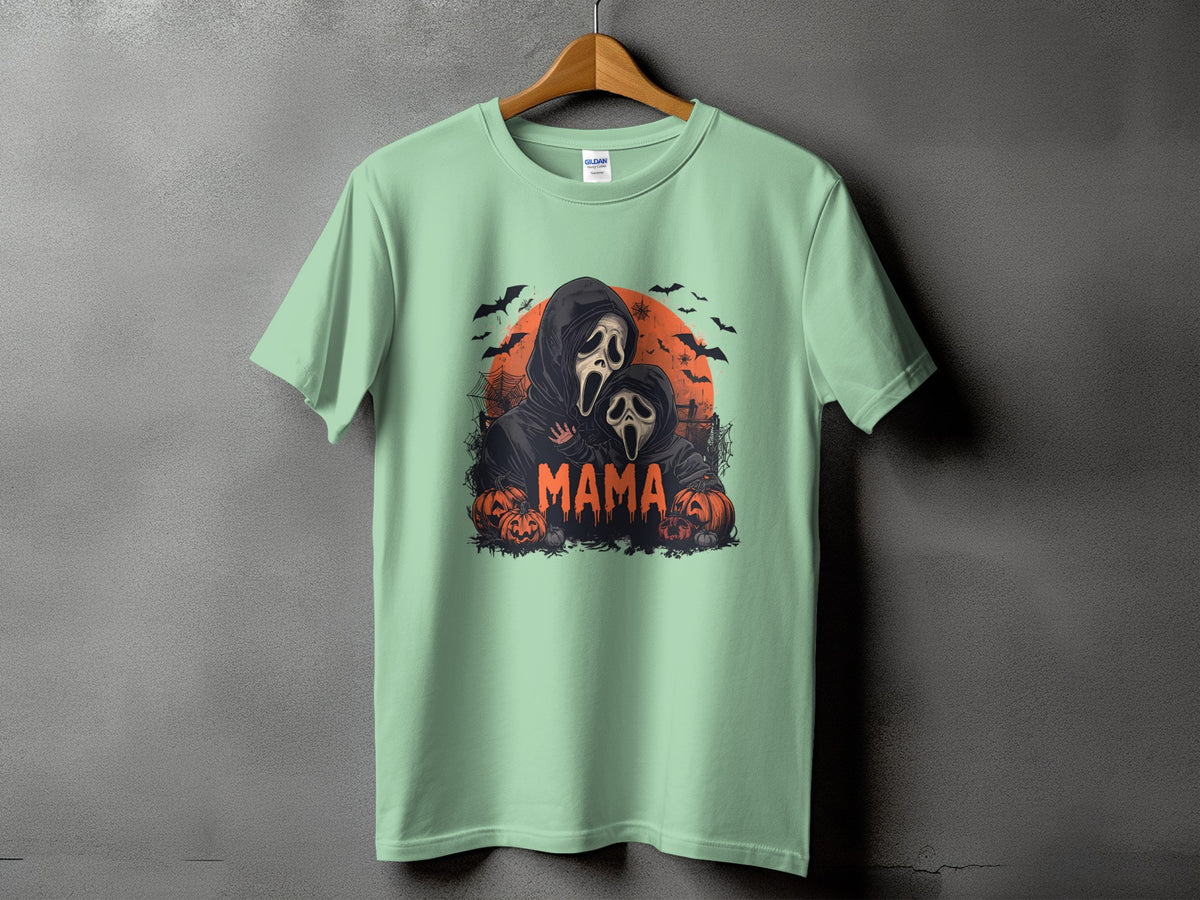 Ghostface mama and child with pumpkins and bats, Halloween graphic.