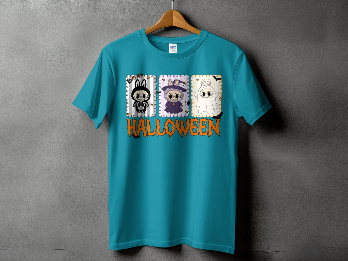 Teal t-shirt with three cute Halloween characters and the word "HALLOWEEN" in orange.