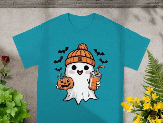 Cartoon ghost in orange hat holding pumpkin and drink, surrounded by bats.