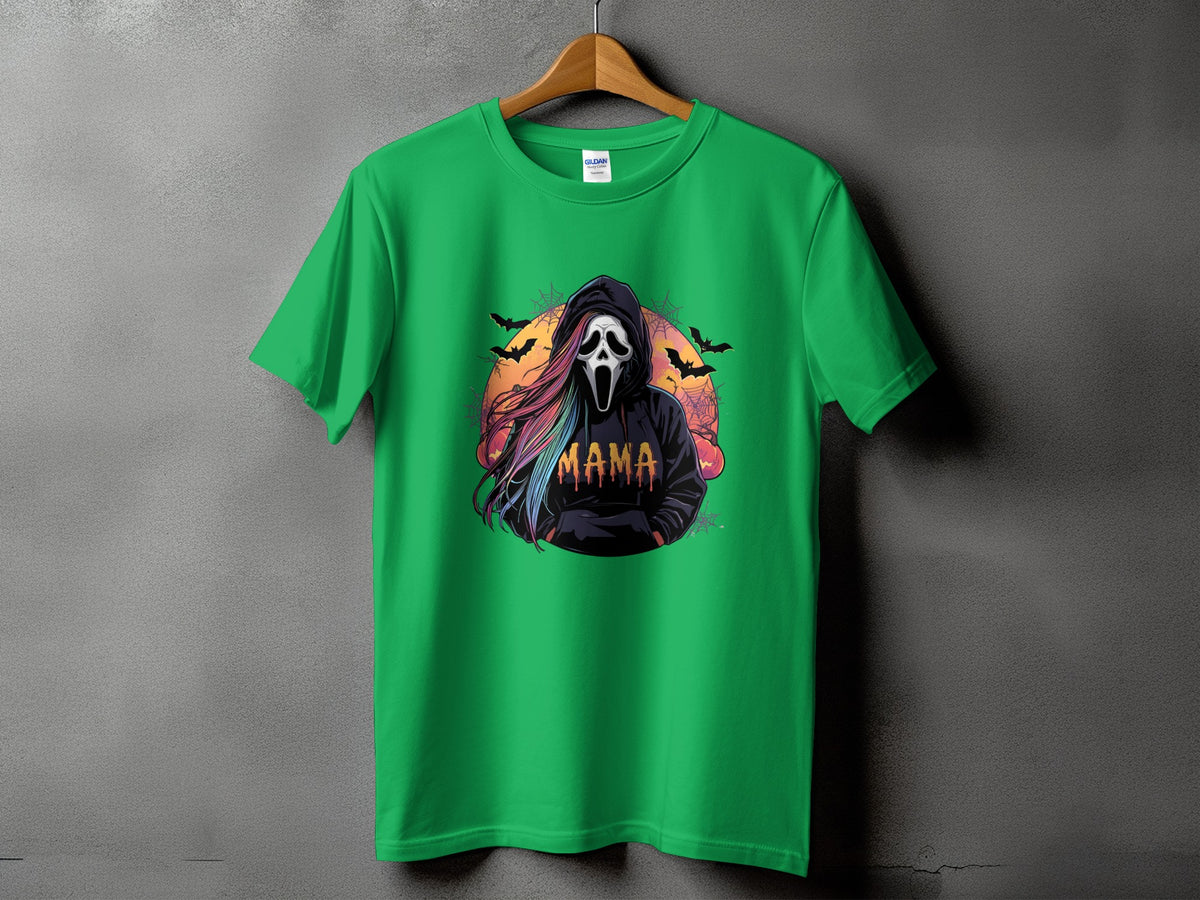 Green t-shirt with ghost mask, rainbow hair, and "Mama" text.