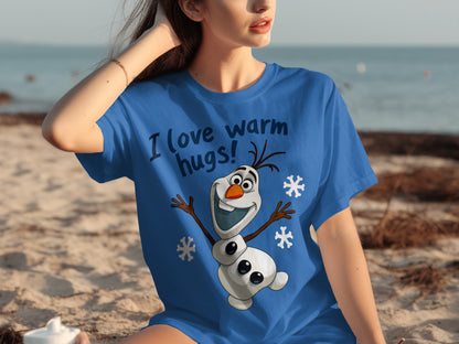 I Love Warm Hugs Snowman Graphic Blue T-shirt