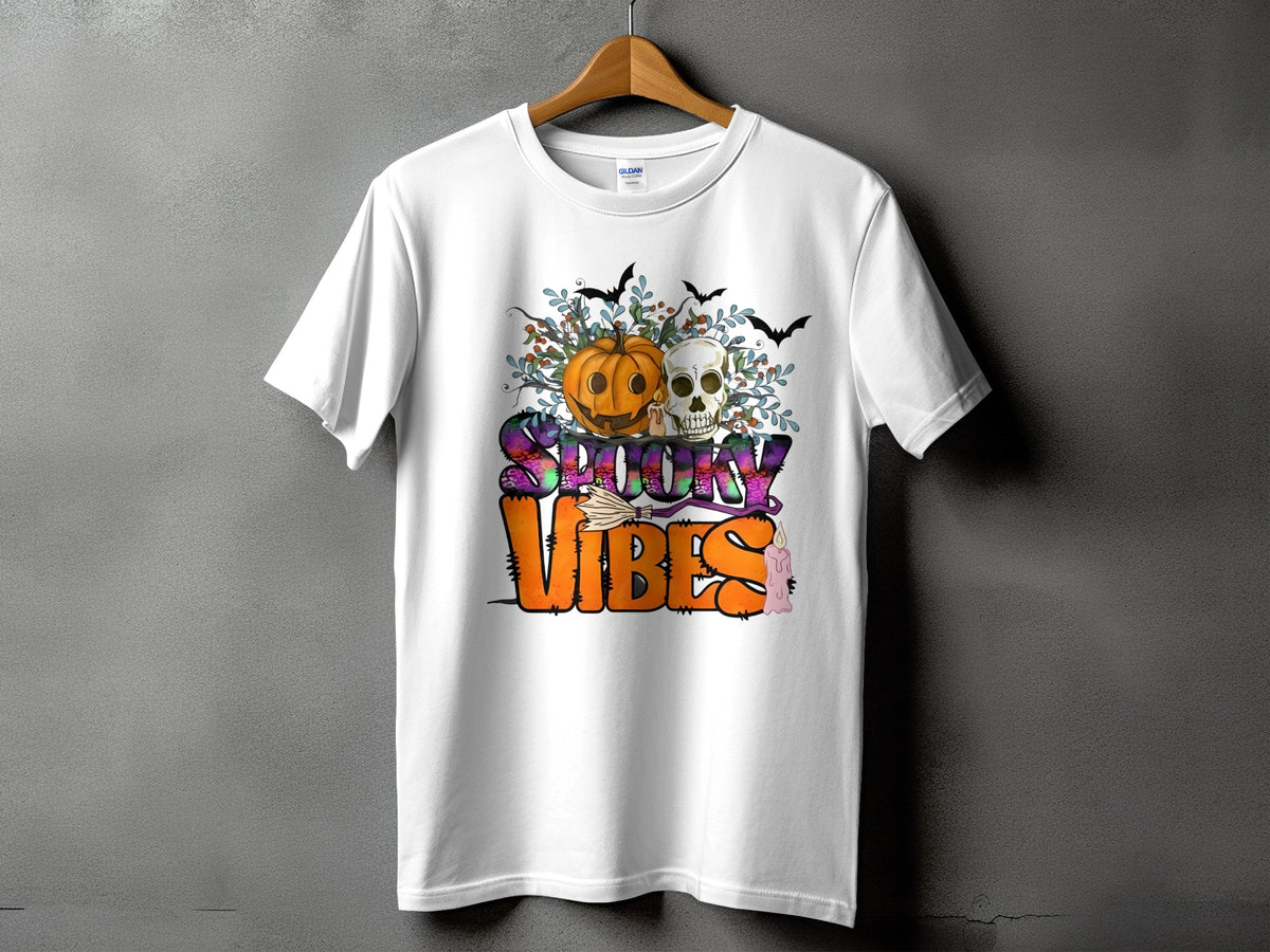 White t-shirt with "Spooky Vibes" text and Halloween graphic.