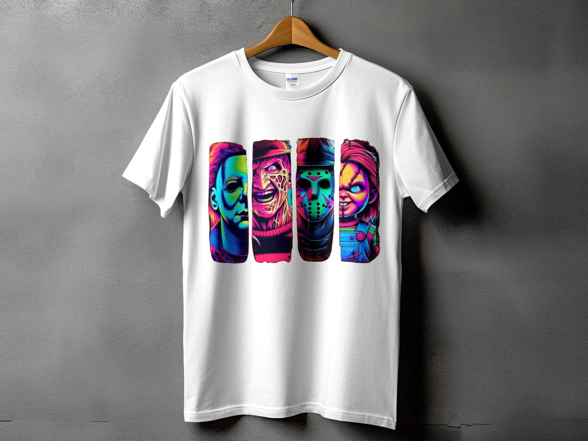 White t-shirt with a colorful graphic of horror movie villains.